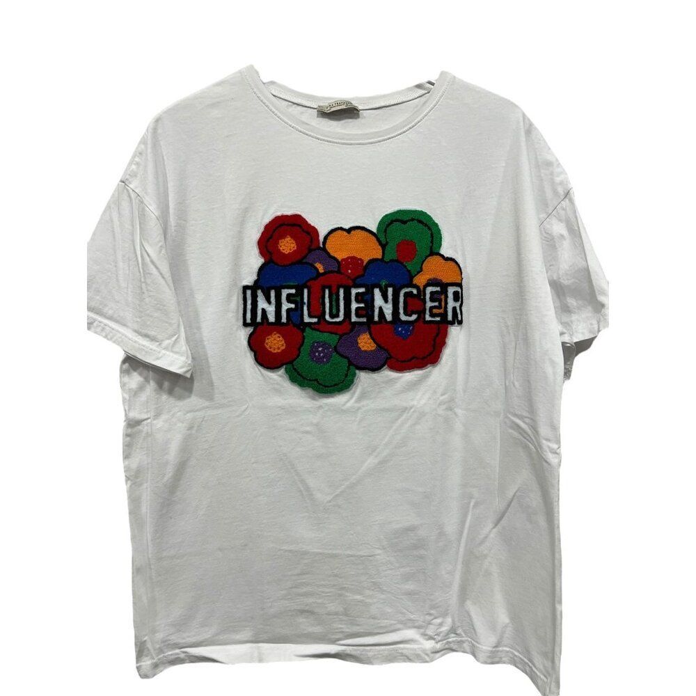 Zara Size L T-Shirt Top Influencer Embroidered White Multi Crew‎ Neck